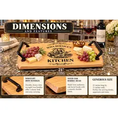 Personalized solid oak barrel head kitchen serving tray measuring 21 x 11 inches, featuring black wrought iron handles, custom engraving, and rustic charcuterie display.