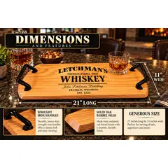 21 x 11 inch personalized oak barrel head whiskey serving tray with wrought iron handles, custom engraving, solid oak construction, and dimensions.
