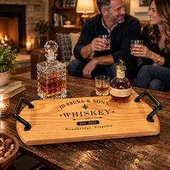 Personalized solid oak whiskey serving tray with custom name, whiskey engraving, and black wrought iron handles on a rustic coffee table, with a couple enjoying bourbon beside a cozy fireplace.