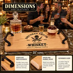 Drunken Sailor personalized whiskey serving tray made from solid oak barrel heads, measuring 21 inches long by 11 inches wide, featuring heavy-duty black wrought iron handles and custom pirate engraving.