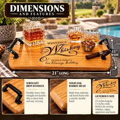 Custom engraved oak barrel head whiskey serving tray measuring 21 inches long by 11 inches wide, featuring heavy-duty black wrought iron handles, solid oak construction, and personalized distillery design.