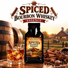 Alt text: Spiced Bourbon Whiskey Essence packet with a glass of bourbon, cinnamon sticks, star anise and warm spices in a rustic Kentucky distillery setting.