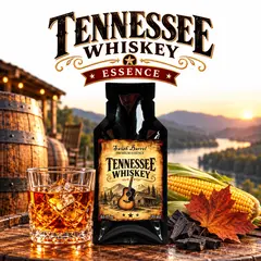 Alt text: Tennessee Whiskey Essence packet displayed with a glass of amber whiskey, corn, maple leaf, charred wood and oak barrels against a warm Tennessee mountain sunset.
