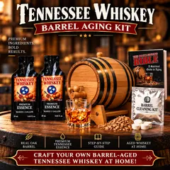 Tennessee Whiskey barrel aging kit with American oak barrel, premium essence packets, aged whiskey glass, and complete home aging accessories.