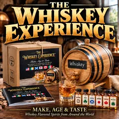 Thousand Oaks Barrel Whiskey Experience premium whiskey-making kit featuring a new American oak aging barrel, whiskey essence bottles, branded gift box, and guidebook for making and aging whiskey-flavored spirits at home.