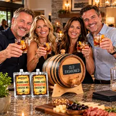 Friends enjoying Old Fashioned cocktails at a home party with the Bootleg Brand™ Barrel-Aged Cocktail Kit, oak aging barrel, Old Fashioned and Manhattan cocktail mixes.