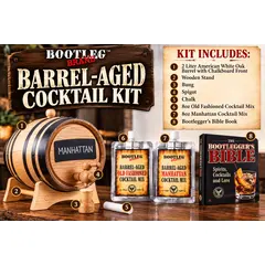 Bootleg Brand™ Barrel-Aged Cocktail Kit with 2-liter American white oak barrel, stand, bung, spigot, chalk, Old Fashioned and Manhattan cocktail mixes, and Bootlegger’s Bible.