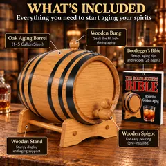 Thousand Oaks Barrel American white oak whiskey aging barrel with black steel hoops, wooden stand, bung, pre-installed spigot, and Bootlegger’s Bible instruction booklet, displayed in a rustic distillery setting.