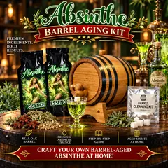 Absynthe Barrel Aging Kit with oak barrel, Green Fairy essence packets, herbal botanicals, and absinthe style glass filled with vibrant green spirit.