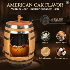 American oak barrel with a medium-high charred interior that develops vanilla, sweet spice, oak, and coconut flavors in aged spirits.
