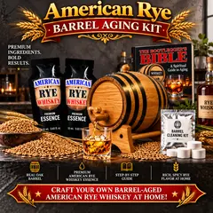 American Rye Whiskey barrel aging kit with American white oak barrel, rye essence and accessories for crafting rye whiskey at home.
