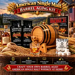 American Single Malt Whiskey barrel aging kit with oak barrel pouring whiskey into glass, essence, and gift set presentation.