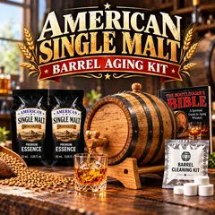 American Single Malt Whiskey barrel aging kit with oak barrel pouring whiskey into glass, essence, and gift set presentation.