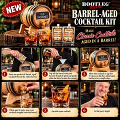 Bootleg Brand™ Barrel-Aged Cocktail Kit showing how to make Old Fashioned and Manhattan cocktails in a 2-liter oak barrel, from mixing and aging to pouring and serving.