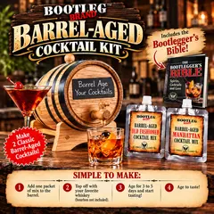 Bootleg Brand™ Barrel-Aged Cocktail Kit with 2-liter oak barrel, Old Fashioned and Manhattan cocktail mixes, Bootlegger’s Bible and easy barrel-aging instructions.