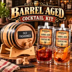 Bootleg Brand Barrel-Aged Cocktail Kit with oak aging barrel, Old Fashioned and Manhattan cocktail mixes, stand, bung, spigot and finished cocktails.