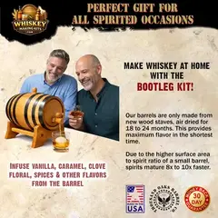 Alt text: Whiskey making kit shown as a gift for spirited occasions, including aging whiskey, Scotch, bourbon, rum and tequila at home, weddings, camping, tailgating and cocktails.