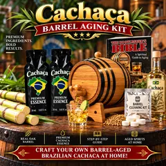 Brazilian Cachaça barrel aging kit with oak barrel, sugarcane stalks, premium essence packets, and aged spirit glass ready to pour.