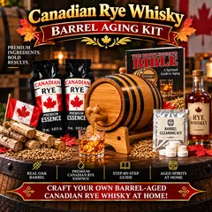 Canadian rye whisky barrel aging kit with oak barrel, Canadian rye essence packets, Bootlegger’s Bible aging guide, barrel cleaning kit, whisky glass, and Canadian-themed accessories for aging whisky at home.