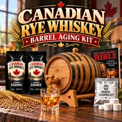Canadian rye whisky barrel aging kit with oak barrel, Canadian rye essence packets, Bootlegger’s Bible aging guide, barrel cleaning kit, whisky glass, and Canadian-themed accessories for aging whisky at home.