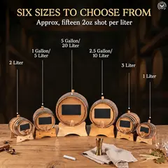 Six Thousand Oaks oak aging barrel sizes ranging from 1 liter to 20 liters on wooden stands.