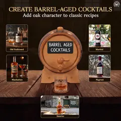 Reusable chalkboard oak aging barrel showing suggested aging cycles for bourbon, whiskey, rum, and tequila.