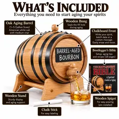 Chalkboard whiskey aging barrel, American white oak, whiskey barrel kit, barrel aging accessories, and what's included.
