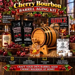 Cherry bourbon barrel aging kit with real oak barrel, two premium cherry bourbon whiskey essence packets, Bootlegger’s Bible aging guide, barrel cleaning kit, bourbon glass and fresh cherries for aging cherry bourbon at home.