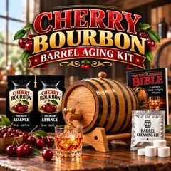 Cherry bourbon barrel aging kit with real oak barrel, two premium cherry bourbon whiskey essence packets, Bootlegger’s Bible aging guide, barrel cleaning kit, bourbon glass and fresh cherries for aging cherry bourbon at home.