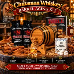 Cinnamon whiskey barrel aging kit with real oak barrel, two premium cinnamon whiskey essence packets, Bootlegger’s Bible aging guide, barrel cleaning kit, whiskey glass, cinnamon sticks and spices for aging whiskey at home.