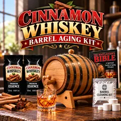 Cinnamon whiskey barrel aging kit with real oak barrel, two premium cinnamon whiskey essence packets, Bootlegger’s Bible aging guide, barrel cleaning kit, whiskey glass, cinnamon sticks and spices for aging whiskey at home.