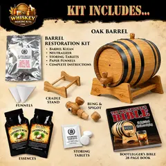 Coconut Rum barrel aging kit includes a real oak barrel, two Coconut Rum essence packets, barrel restoration kit, paper funnels, cradle stand, bung and spigot, storing tablets, and Bootlegger’s Bible aging guide.