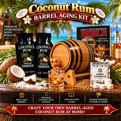 Coconut rum barrel aging kit with real oak barrel, two premium coconut rum essence packets, Bootlegger’s Bible aging guide, barrel cleaning kit, rum glass, coconuts and tropical accents for aging coconut rum at home.