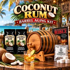 Coconut rum barrel aging kit with real oak barrel, two premium coconut rum essence packets, Bootlegger’s Bible aging guide, barrel cleaning kit, rum glass, coconuts and tropical accents for aging coconut rum at home.