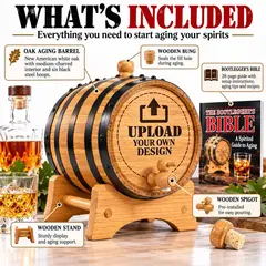 Custom engraved American white oak whiskey aging barrel kit showing wooden stand, bung, spigot, and 28-page Bootlegger's Bible with upload your own design option.