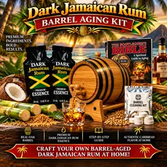 Premium Dark Jamaican Rum barrel aging kit with real American oak barrel, essence packets and glass of aged rum.