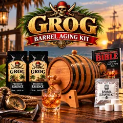 Grog rum barrel aging kit with real oak barrel, two premium grog rum essence packets, whiskey glass, pirate-themed accessories and aging guide for crafting barrel-aged grog rum at home.