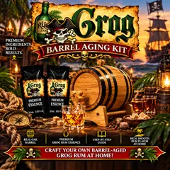 Grog rum barrel aging kit with real oak barrel, two premium grog rum essence packets, whiskey glass, pirate-themed accessories and aging guide for crafting barrel-aged grog rum at home.