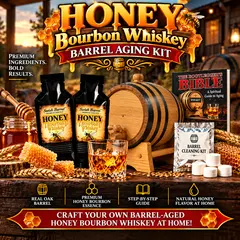 Honey bourbon whiskey barrel aging kit with real oak barrel, two premium honey bourbon essence packets, Bootlegger’s Bible aging guide, barrel cleaning kit, bourbon glass and honeycomb for aging honey bourbon whiskey at home.