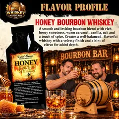 Honey bourbon whiskey essence flavor profile featuring rich honey sweetness, caramel, vanilla, oak and warm spice notes, with an oak aging barrel and bourbon bar setting.