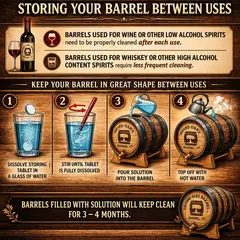 How to store an oak barrel between uses using cleaning tablets and hot water solution to keep barrels clean and ready for aging spirits for up to four months