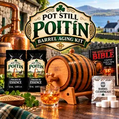 Pot Still Poitín barrel aging kit with real oak barrel, premium Poitín essence, Irish-inspired accessories and whiskey glasses for crafting barrel-aged Poitín-style spirits at home.