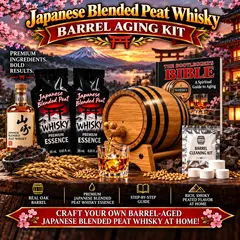 Japanese Blended Peat Whisky barrel aging kit with American white oak barrel and peated whisky essence for crafting smoky whisky at home.