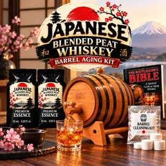 Japanese Blended Peat Whisky barrel aging kit with American white oak barrel and peated whisky essence for crafting smoky whisky at home.