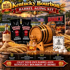 Kentucky Bourbon barrel aging kit hero image featuring charred oak barrel, bourbon essence pouches, glass of bourbon, grains, and complete home whiskey gift set