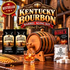 Kentucky Bourbon barrel aging kit hero image featuring charred oak barrel, bourbon essence pouches, glass of bourbon, grains, and complete home whiskey gift set