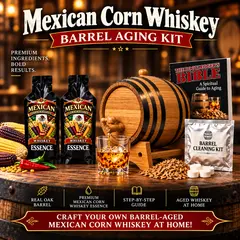 Mexican Corn Whiskey barrel aging kit with American oak barrel, whiskey essence packets, glass of whiskey on ice and cultural heritage backdrop