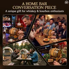 Small oak aging barrel with examples of Old Fashioned, Manhattan, Martini, Negroni, and Sazerac cocktails.