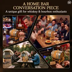 Small oak aging barrels with steel hoops used at a home bar, holiday gathering, party, and campsite with friends enjoying whiskey.
