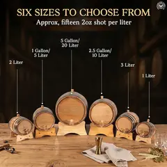 Six small oak aging barrel sizes from 1 to 20 liters, each displayed on a wooden stand with a spigot for aging whiskey and spirits.